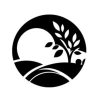 Minimalist Black and White Circular Illustration A Sunlit Hillside with a Tree and Abstract Spheres, Isolated on White. vector