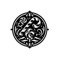 Intricate Black and White Emblem with Candy Cane, Lollipops, and Ornate Floral Decorative Elements in Circular Frame. vector