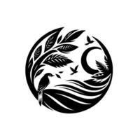 Stylized Black and White Circular Illustration of a Bird Perched on a Wave Surrounded by Foliage, Birds, and a Crescent Moon. vector