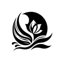 Elegant black and white minimalist featuring a lotus flower within a moonlike circle, and water elements, evoking a sense of peace and serenity. vector