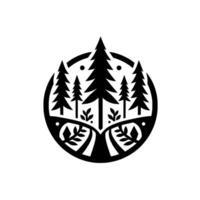 Black and white minimalist forest landscape inside a circular frame, featuring stylized evergreen trees, foliage, and ornamental details. vector