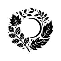 Black and White Circular Floral Illustration with Moon Crescent Inside, Detailed Leaves and Branches, Minimalist . vector