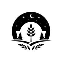 Serene nocturnal landscape emblem Wheat fields, stylized trees, and a crescent moon under a starry sky, enclosed in a circle. vector