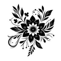 A symmetrical black and white floral arrangement with a central flower and surrounding leaves, creating an elegant on a white background. vector