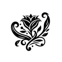 Intricate Black and White Floral with Ornamental Swirls, Leaves, and Dots on a Plain White Background. vector