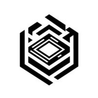 Geometric black and white abstract featuring nested diamond shapes within a hexagonal framework, creating a modern optical illusion on a clean white background. vector