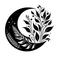 Black and White Botanical Crescent Moon with Ferns, Stars, and Floral Elements in a Minimalist Composition vector