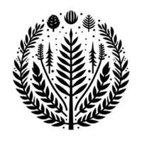 Black and White Circular Botanical Illustration Featuring Various Trees, Leaves, and Ornaments in a Minimalist, Scandinavian Style. vector