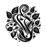 Black and White Botanical Illustration Swirling Vines, Leafy Branches, and Floral Elements in a Symmetrical, Decorative vector