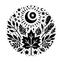 Circular Black White Botanical Composition Crescent Moon, Star, Maple Leaf, Feathers, and Floral Elements. vector