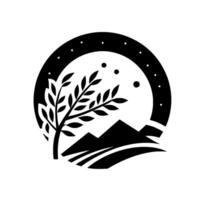 Monochromatic Emblem A circular of tree branches, mountain range, and a starry night sky. vector