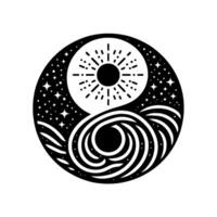 YinYang styled artwork merging celestial sun and cosmic vortex with starry night sky , showcasing balance. vector