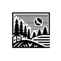 A stylized black and white square depicting a tranquil forest scene with coniferous trees, a sun with a flying bird, and a rolling landscape. vector