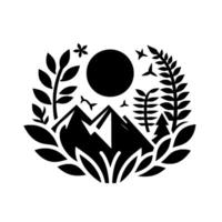 Black and white circular illustration of mountains, sun, birds, and foliage, creating a naturethemed, minimalist emblem. vector