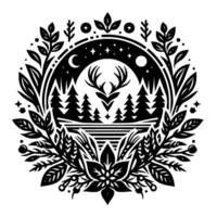 Intricate circular illustration of a stag with antlers, surrounded by forest, night sky, foliage, and stylized floral elements, in black and white. vector