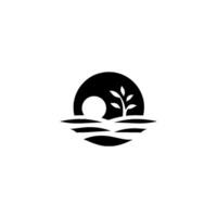 Minimalist black and white nature sun, tree, and water elements set within a circular frame, evoking tranquility. vector