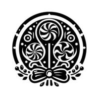 Black and white symmetrical illustration of three spiral lollipops within an ornate circular frame, with a bow and leaves at the base. vector