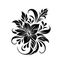 Bold Black White Floral Stylized Hibiscus with Ornate Leaves, Curlicues, and Droplets, Centered on a Blank Canvas. vector