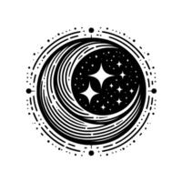 Celestial Crescent A stylized black and white illustration of a crescent moon with radiating lines, filled with stars within a circular border. vector