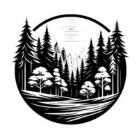 Black and white forest scene in a circular frame, featuring detailed silhouette of trees, minimalist landscape. vector