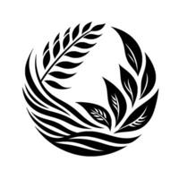 Elegant, minimalist circular featuring stylized black leaves and wheat against a white background, representing nature and harmony. vector