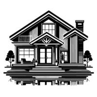 Black and White Line Art Illustration of a Modern House with Large Windows, Steps, Trees, and a Reflection. vector