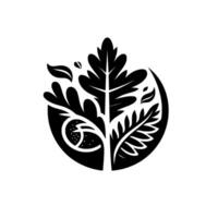 A stylized black and white botanical illustration showcasing diverse leaf forms, gracefully arranged within a circular frame, suggesting growth and nature. vector