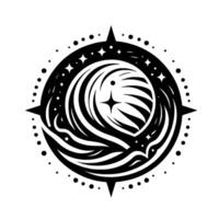 Intricate Black and White Celestial Compass with Starry Background, Wavy Elements, Geometric Accents, and Circular Arrangement vector