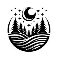 Black and white circular featuring a forest silhouette with fir trees, a crescent moon, stars, and stylized landscape. vector