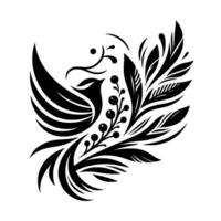 Stylized Black Bird Silhouette with Floral Elements, Featuring Leaves and Berries, on a White Background, Illustrative vector