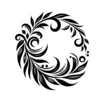 Intricate Black Floral Wreath with Leafy Patterns and Curved Elements on a White Background. vector