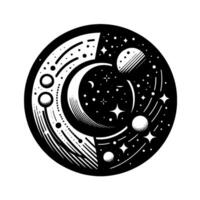 Stylized black and white circular of a celestial scene with crescent moon, planets, stars, and abstract geometric lines. vector