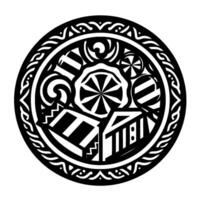 Intricate Black and White Circular Mandala Featuring Geometric Shapes, Symbolic Patterns, and Detailed Border , Radiating Symmetry. vector