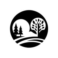 Stylized monochrome circular emblem two fir trees and leafy tree silhouette over a curved landscape, minimal . vector