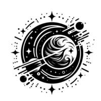 Intricate Black and White Celestial Illustration Featuring Planets, Stars, and Cosmic Elements in a Geometric Composition. vector