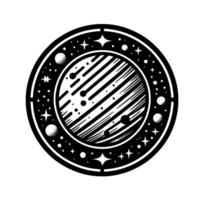 Black and white circular space emblem with a planet, surrounding stars, planets, and a border, on white background. vector
