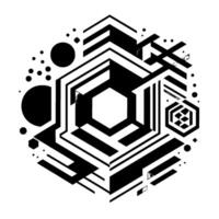 Complex Geometric Abstract Composition with Hexagons, Circles, Lines, and Grayscale Shading, on a White Backdrop. vector