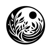 YinYang Symbol of Life Black White Circular Composition Featuring Branch, Leaves, and a Circular Celestial Body. vector