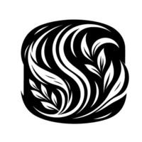 Elegant Black White Floral Emblem Stylized Leaves and Flowing Lines Within Rounded Square, Symbolic Decorative . vector