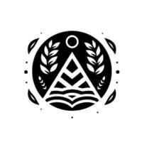Geometric black and white emblem with a layered mountain over wavy lines, surrounded by a circular frame, wheat, and leaves with a minimalist style. vector
