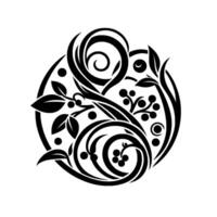 Intricate Black and White Circular Floral Featuring Spirals, Leaves, Berries, and Dots, Isolated on White. vector