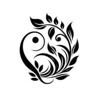 Symmetrical Black and White Floral Motif with Swirls, Leaves and Dots, Element on a White Background. vector