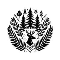 A stylized circular emblem featuring a deer silhouette, surrounded by a wreath of forest elements pine trees, branches, and leaves. vector