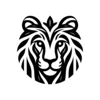 Stylized Black and White Lion Head A symmetrical emblem featuring geometric lines, showcasing a regal, modern aesthetic with bold contrast against a white backdrop. vector