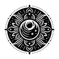 Intricate Black and White Celestial Mandala Featuring Sun, Crescent Moon, Stars, and Ornate Geometric Patterns within a Circular Frame. vector