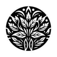 A symmetrical black and white circular , featuring stylized leaves, curves, and dots, suggesting natural forms and balance. vector