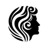 Silhouette of a womans profile with flowing, stylized hair arranged in a circle, a minimalist black and white on a clean white background. vector