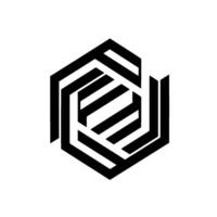 Abstract Geometric Hexagon with Interlocked Shapes and Linear Elements in Black and White, Modern Minimalist . vector