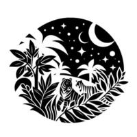 Stylized black and white circular illustration featuring two tigers in a jungle scene under a starry night sky and crescent moon. vector