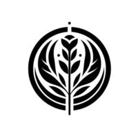 Stylized black and white circular emblem featuring a plant , leaves and floral bud surrounded by a ring. vector